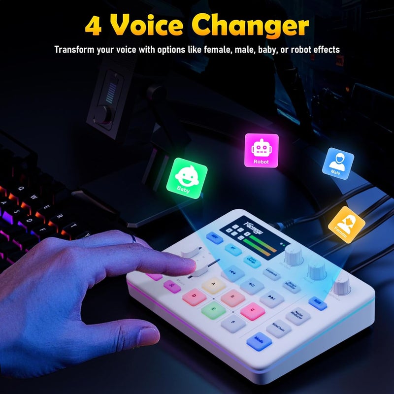 Facmogu خلاط صوت G9، خلاط RGB للبث المباشر مع واجهة ميكروفون XLR، مفتاح التحكم في الصوت، زر كتم الصوت، طاقة فانتوم 48 فولت، معدات بودكاست لوح الصوت للبث المباشر، تسجيل البودكاست - أبيض - Image 4